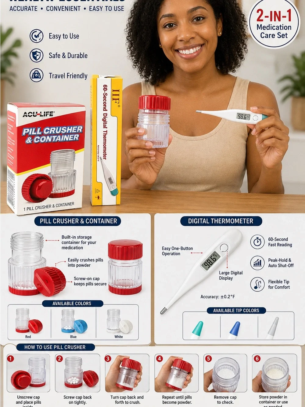 Red Pill Crusher & Container - Easy Medication Storage-Digital Thermometer